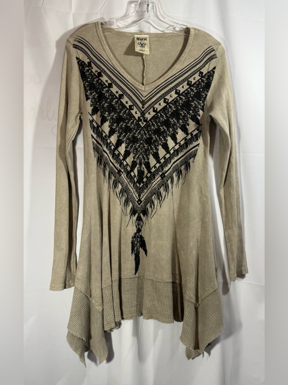 Vocal Long Sleeve Rustic Greenish Tan Tunic Asymmetrical Hem Size Medium